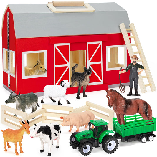 GMAOPHY big wooden barn with farm animals for imaginative play and educational fun.