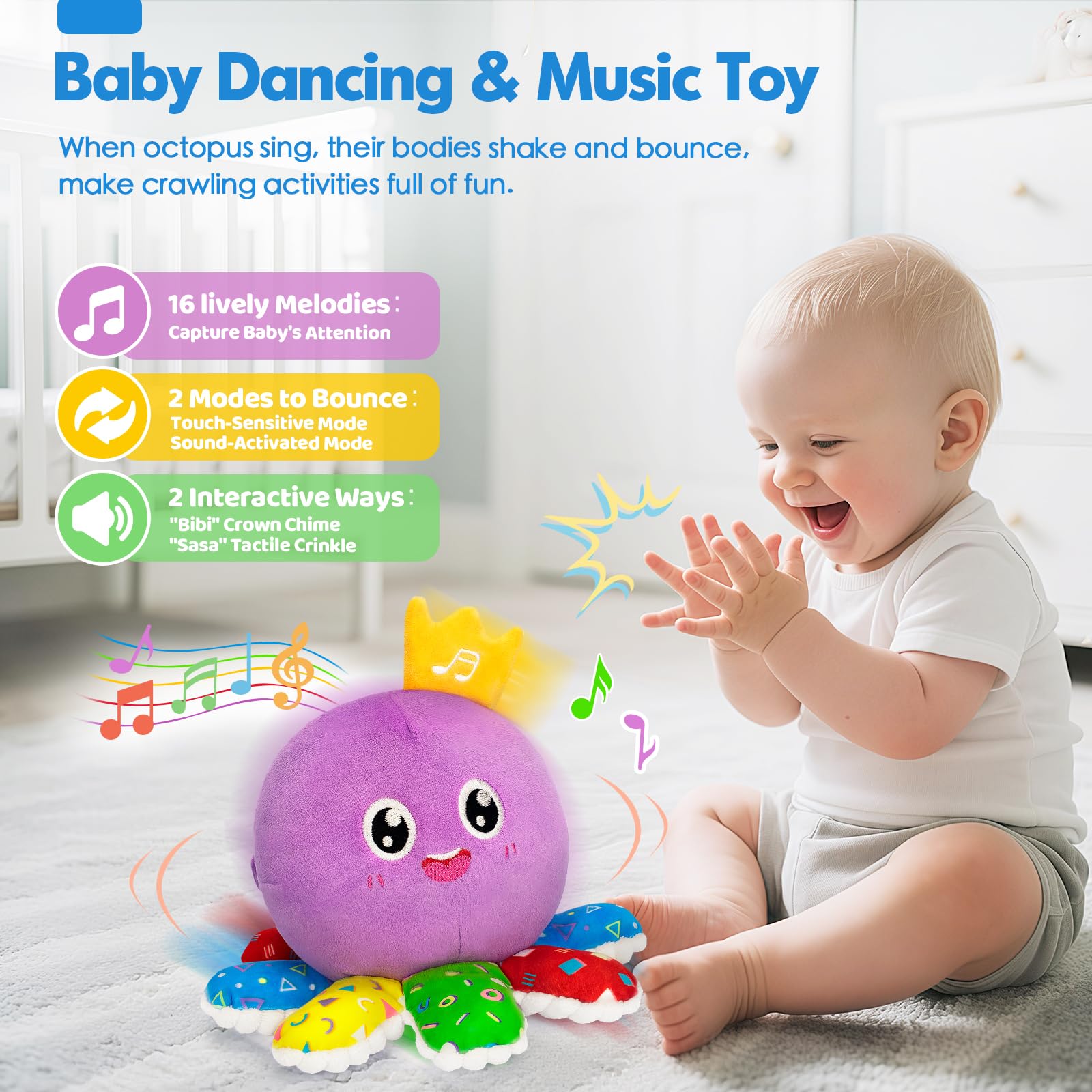 GMAOPHY soft plush octopus with embroidered eyes for safe baby play.