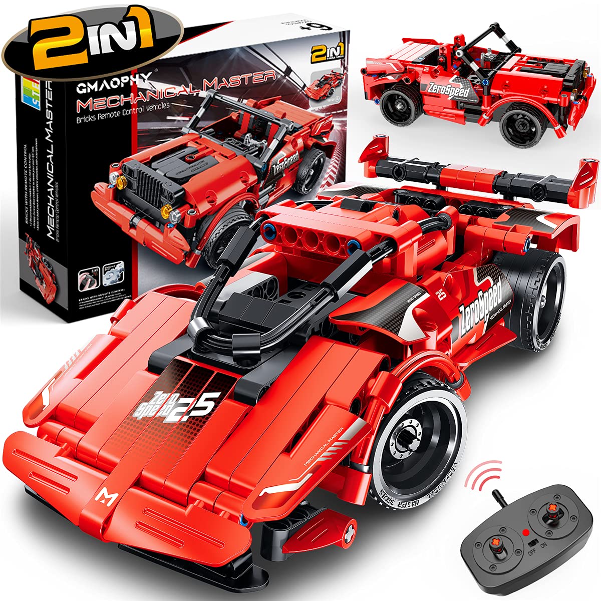 GMAOPHY 2-in-1 RC car and building blocks in action for creative play.