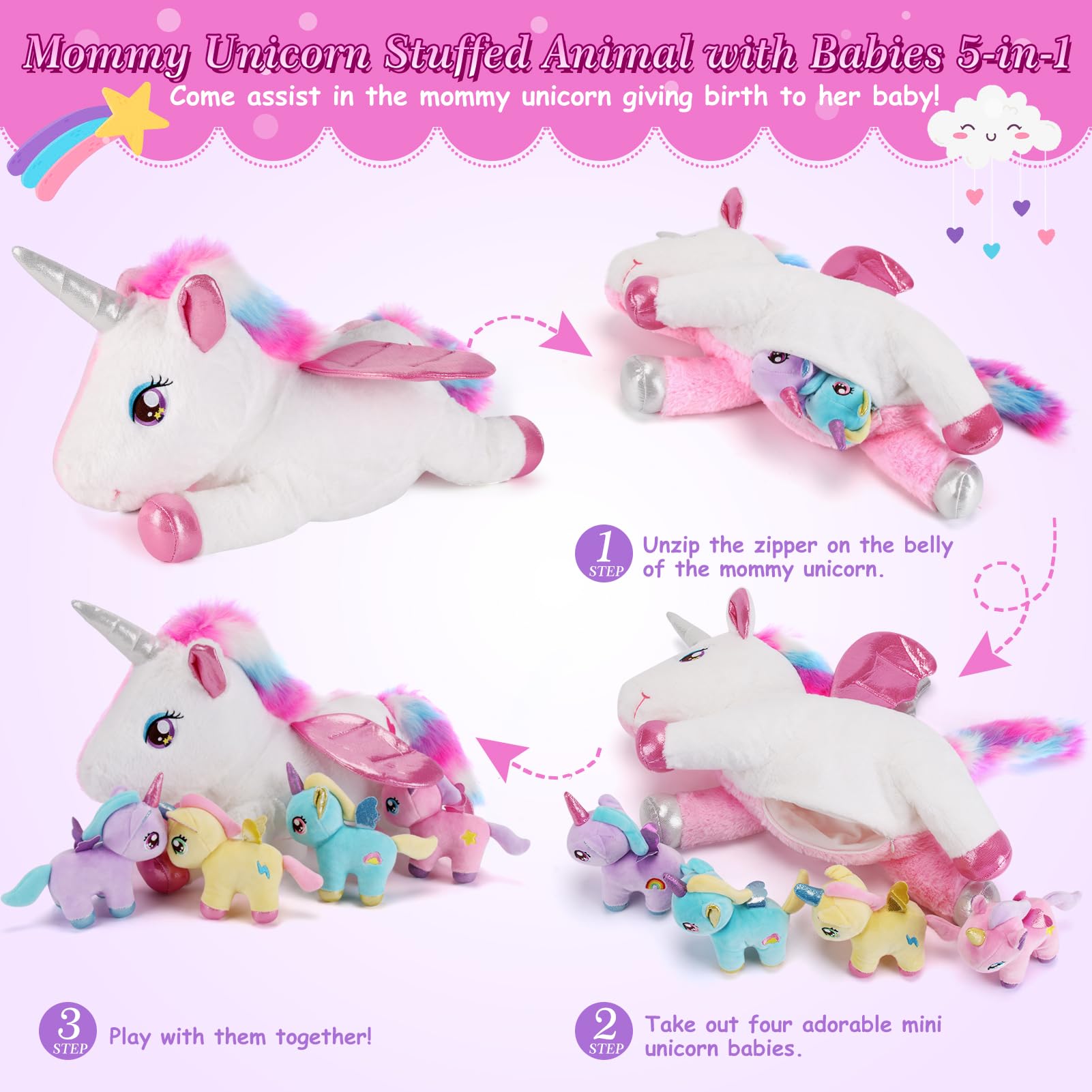 Gnomantic 17-inch mommy unicorn, portable for school and travel adventures.