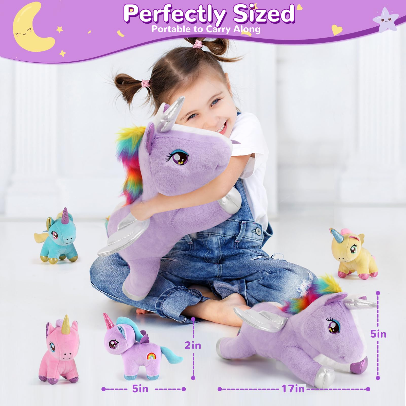 Gnomantic baby unicorns in pink blue purple yellow for bright play.