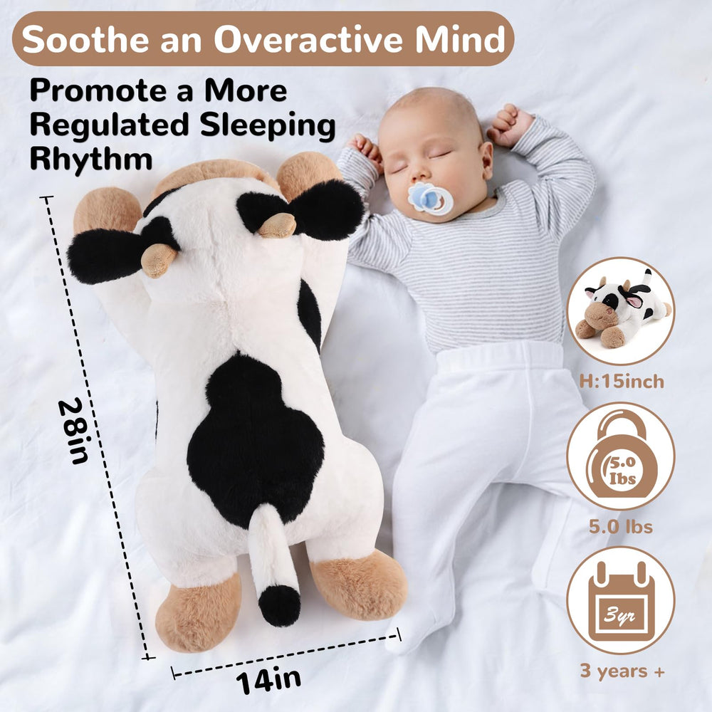 Gnomantic Cow bedtime snuggle scene highlighting comforting weight and cozy companion.