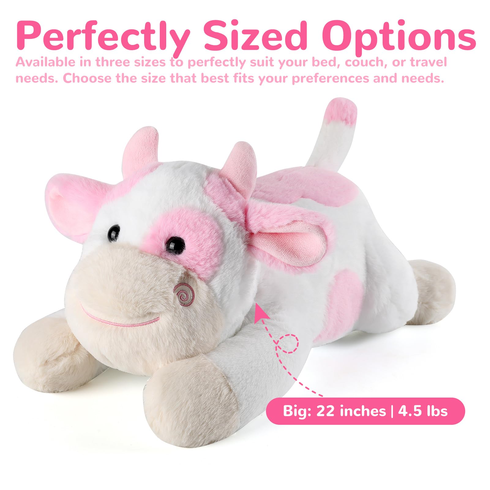 Gnomantic cow plush pillow image highlighting large size for lounging.