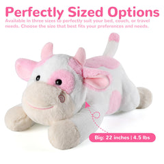 Gnomantic cow plush pillow image highlighting large size for lounging.