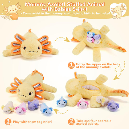 Gnomantic mommy axolotl unzips to reveal four babies for cuddly fun.