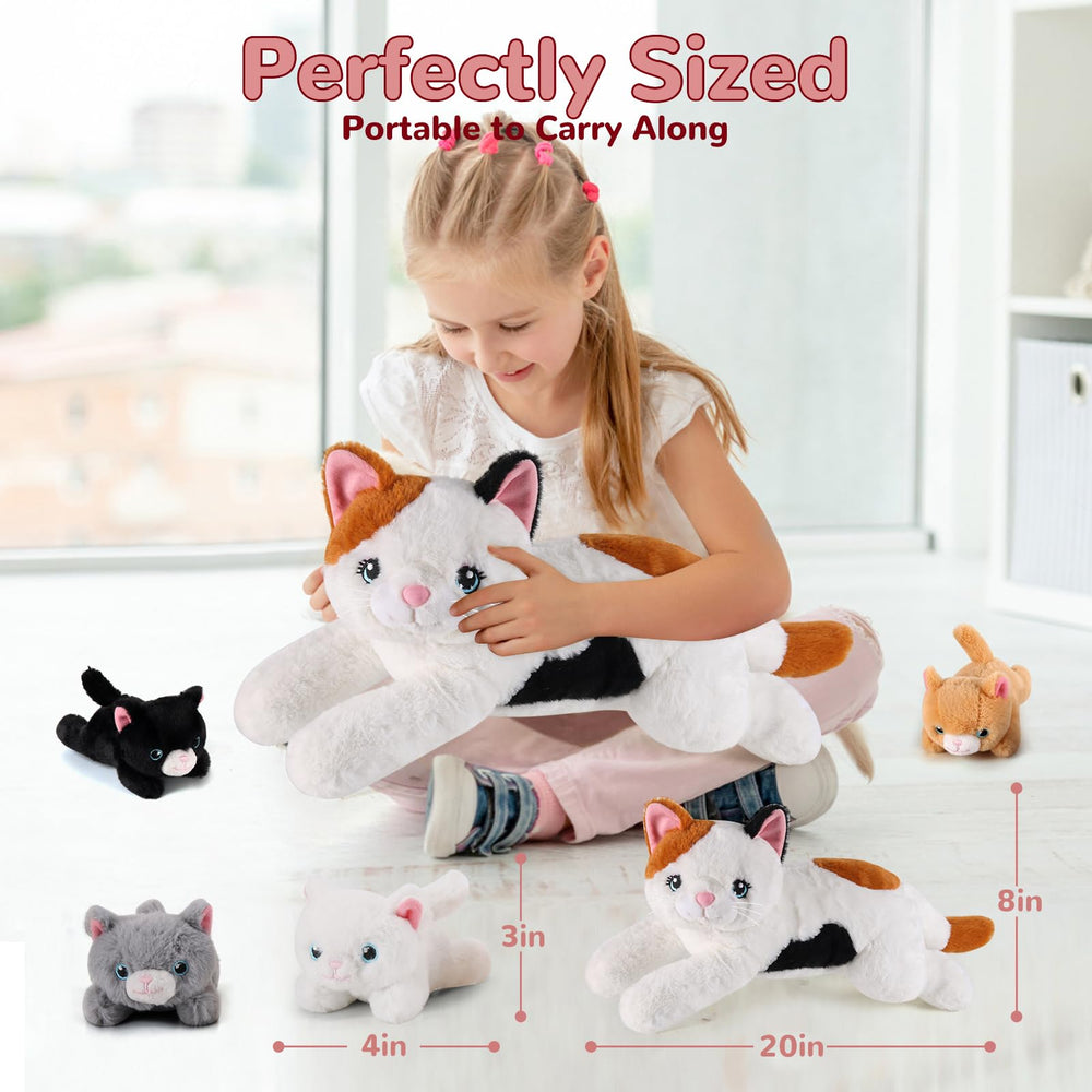 Gnomantic mommy cat unzip belly reveal featuring four colorful kittens.