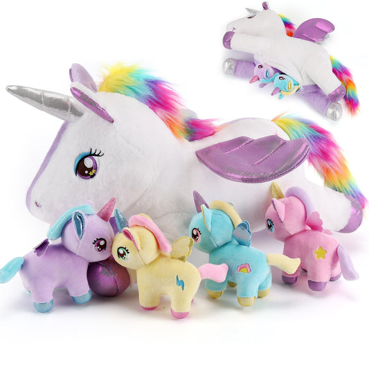 Gnomantic mommy unicorn with babies in a gift box for imaginative play.