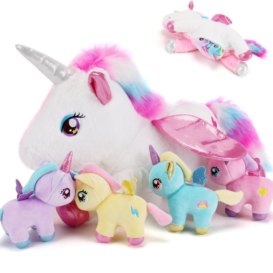 Gnomantic mommy unicorn with babies in a gift box, ideal for imaginative play.