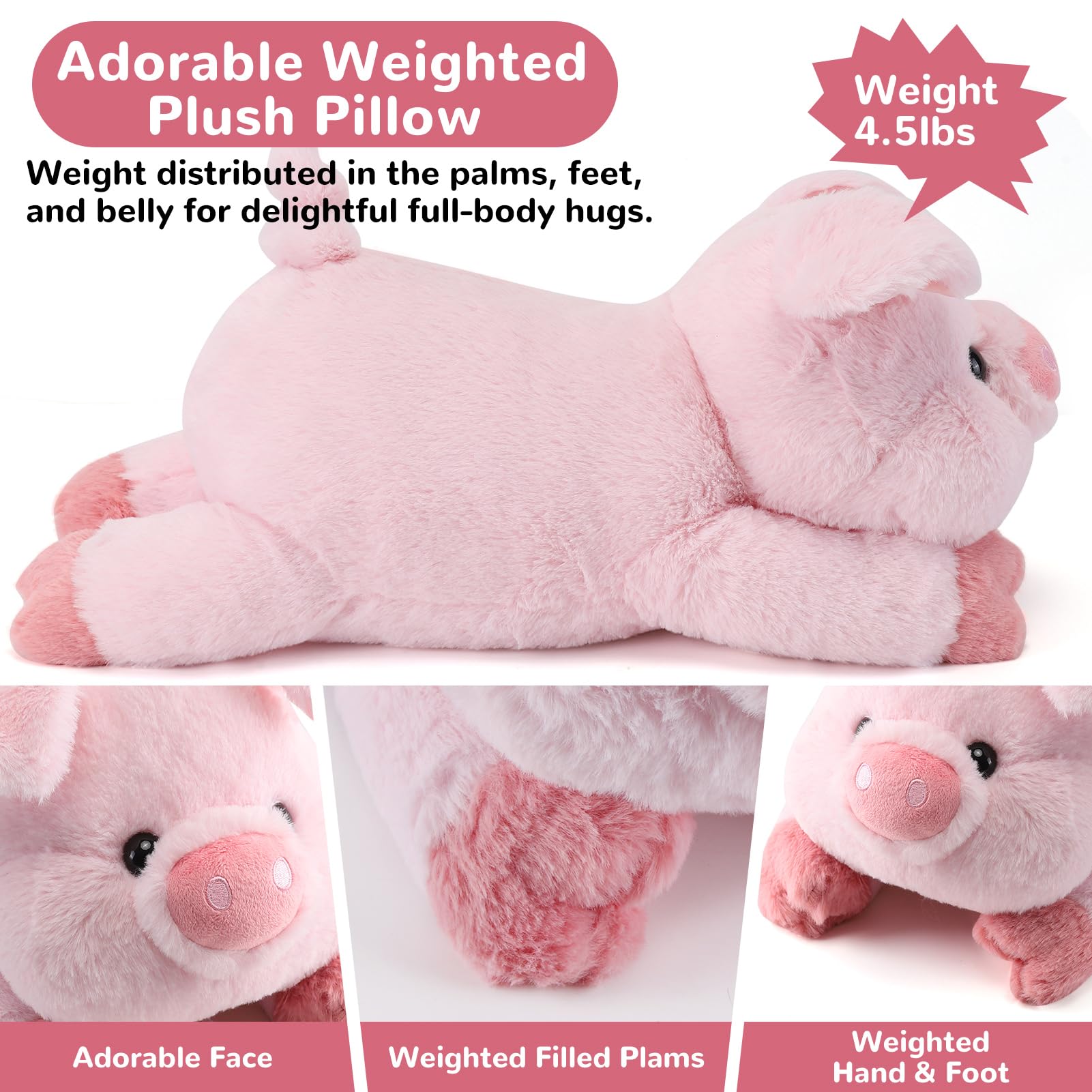 Gnomantic pig weighted plush, face close-up, soft fur for soothing touch.