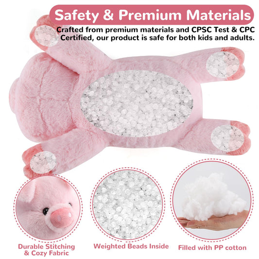 Gnomantic pig weighted plush, front view, comforting bedtime buddy.