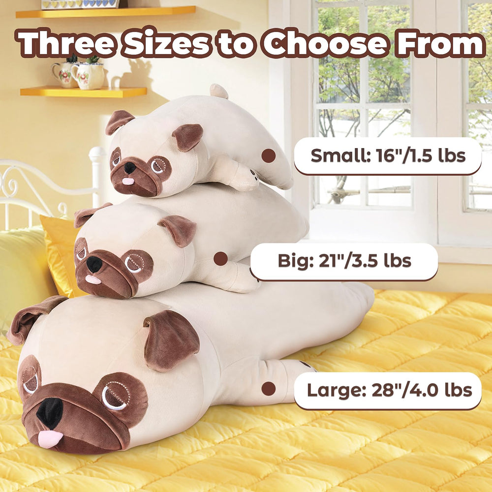 gnomantic weighted plush pug on bed with child showing comforting presence