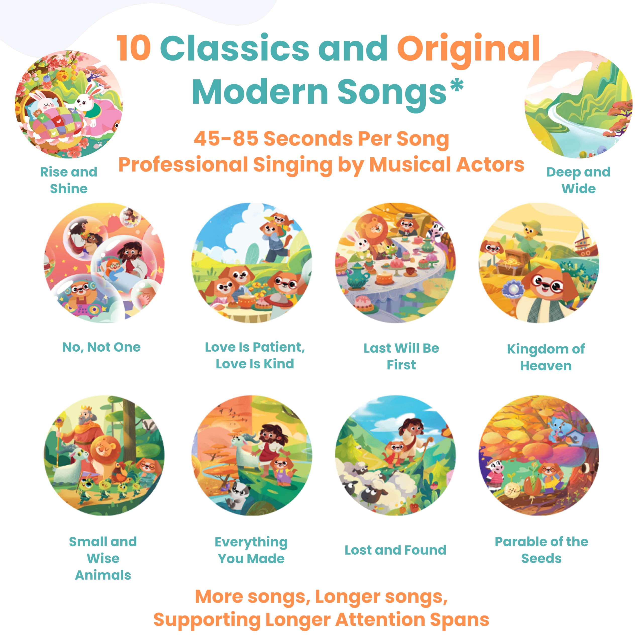 GO GO Bible Songs of Wisdom illustrations showcase friendly scenes for early learning.