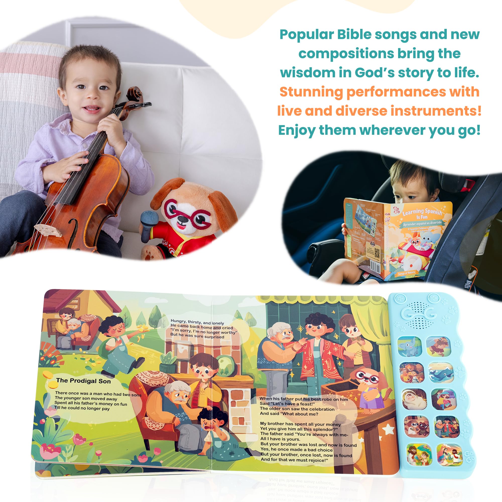 GO GO Bible Story Songs volume controls for gentle listening