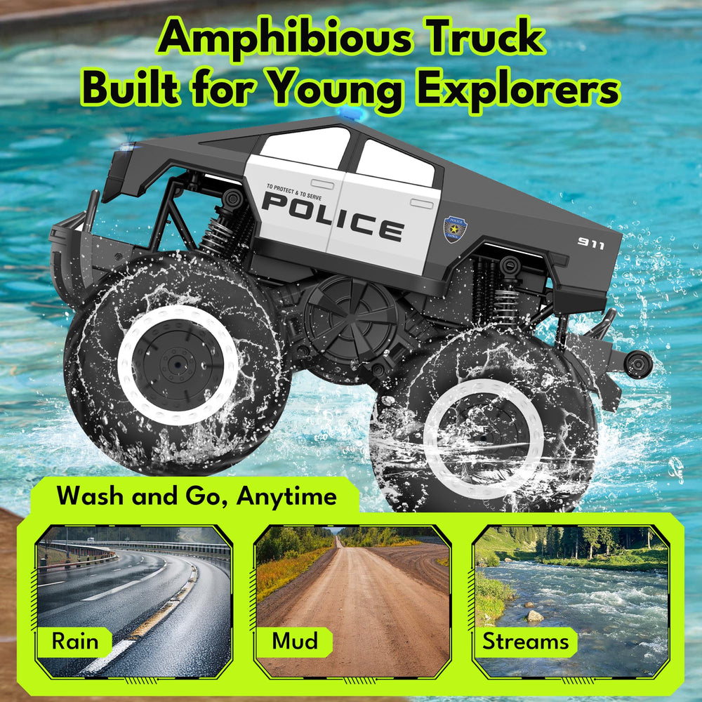 GoBang amphibious police car side profile showing water friendly design for splash play