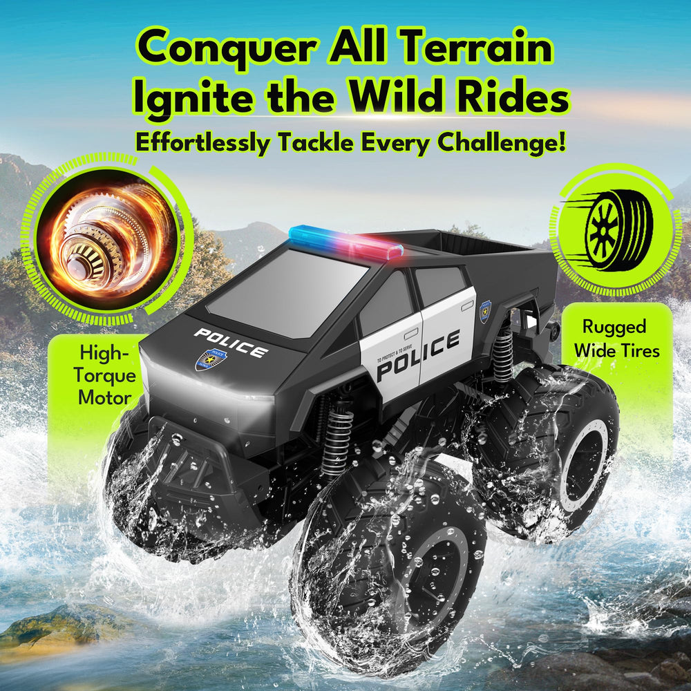 GoBang rc monster truck tires close up highlighting strong traction on dirt