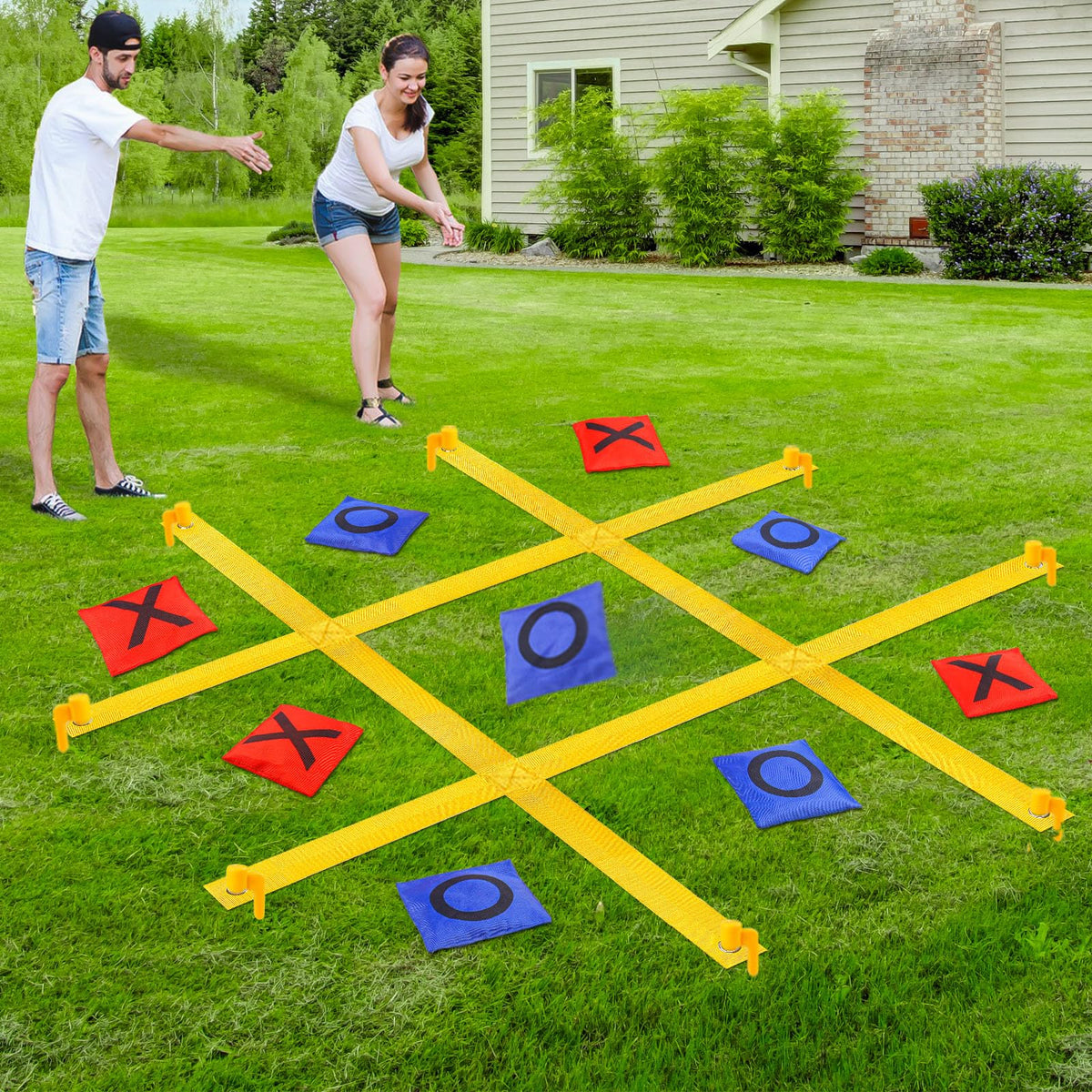 GoBene Giant Tic Tac Toe board 4ft square on lawn, ideal for family backyard games.