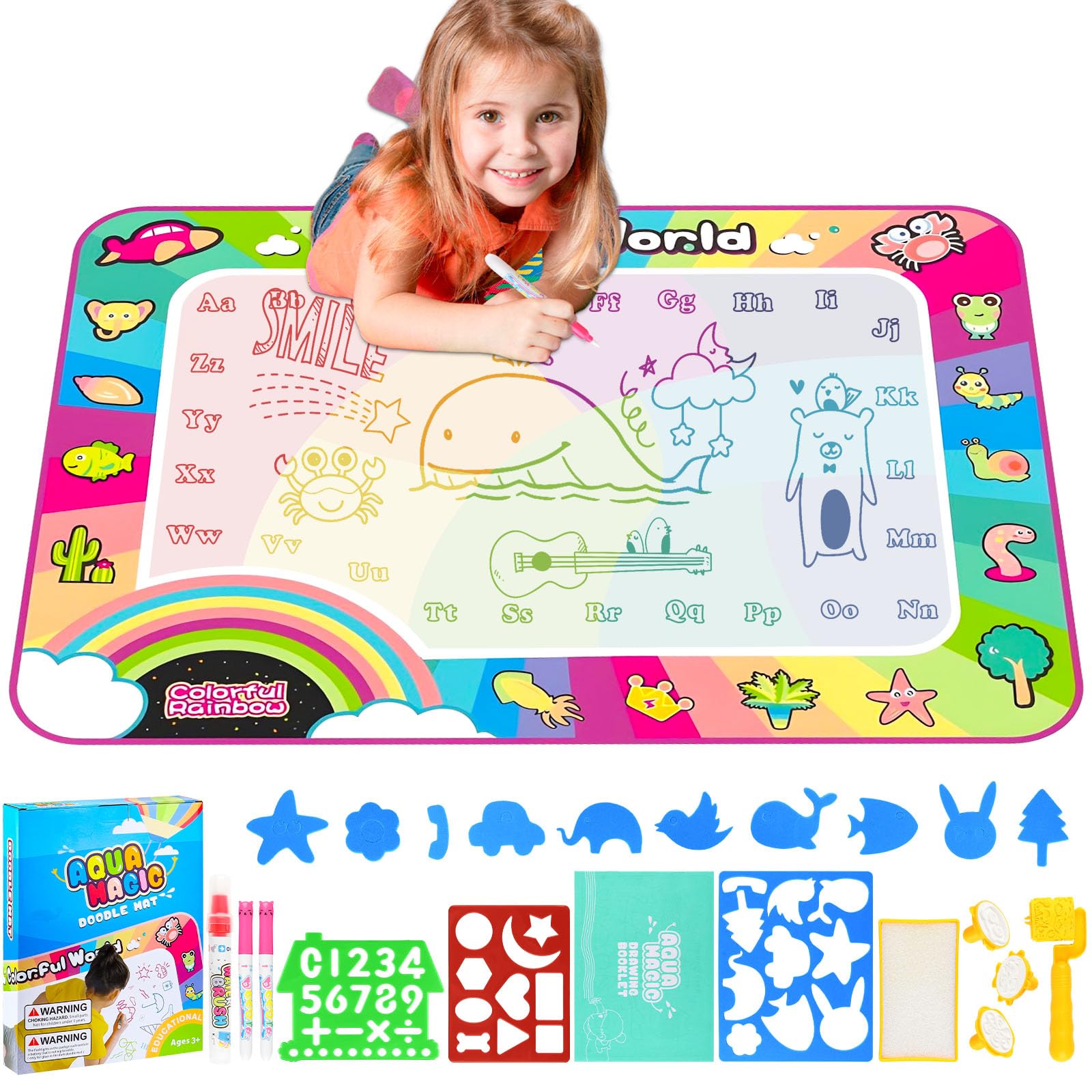 GoBene Water Doodle Mat with wildlife animals design; 28x20 inch, mess-free fun for toddlers.