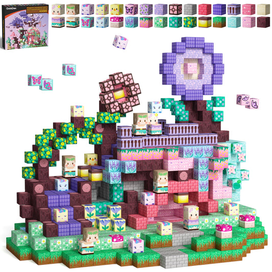 GobiDex magnetic blocks in a bloom garden scene stimulate imaginative play and motor skills.