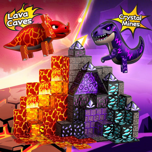GobiDex double-sided dinosaur figures with magnetic feet for stable builds.