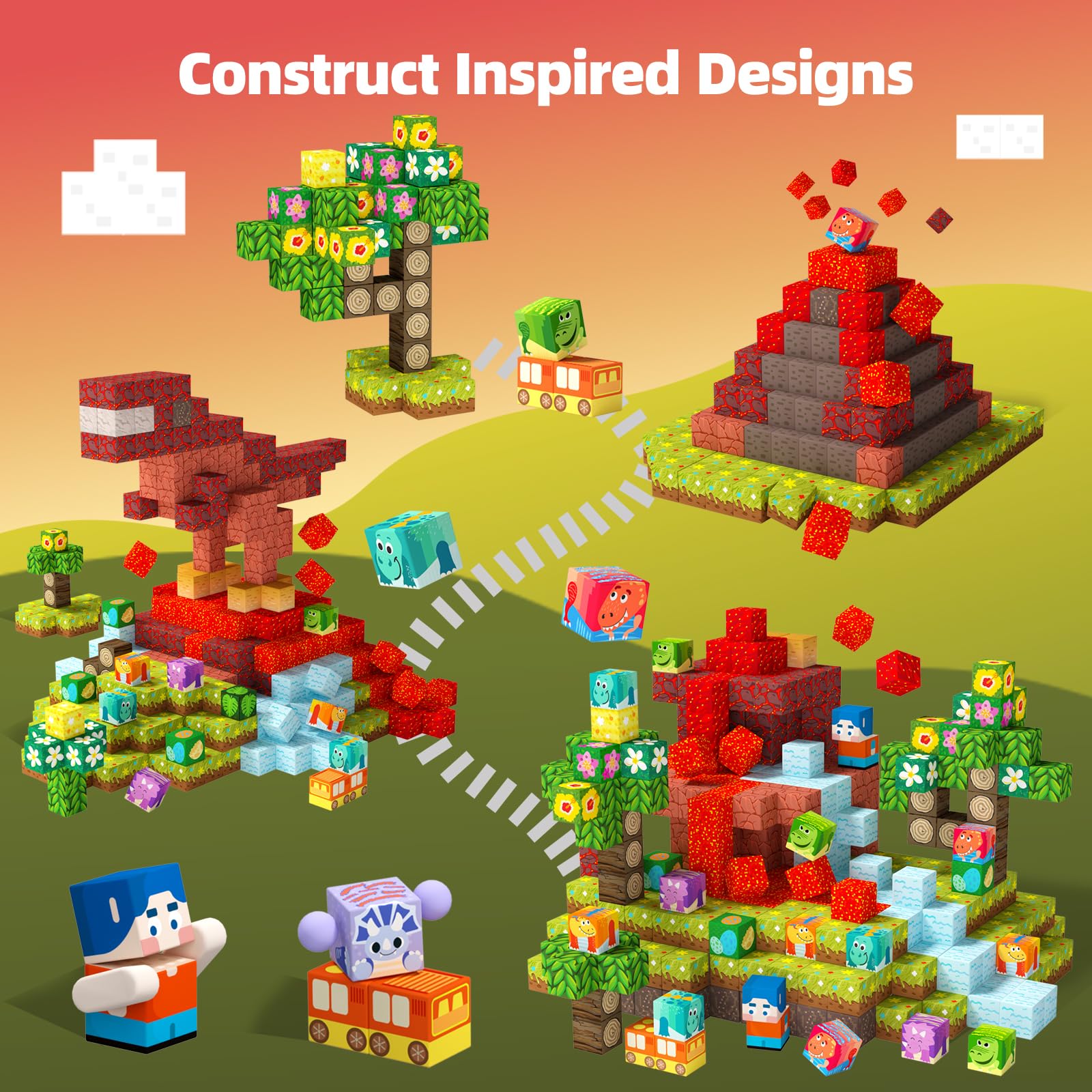 GobiDex volcanic dinosaur scene with magnetic cubes—engages spatial thinking and storytelling.