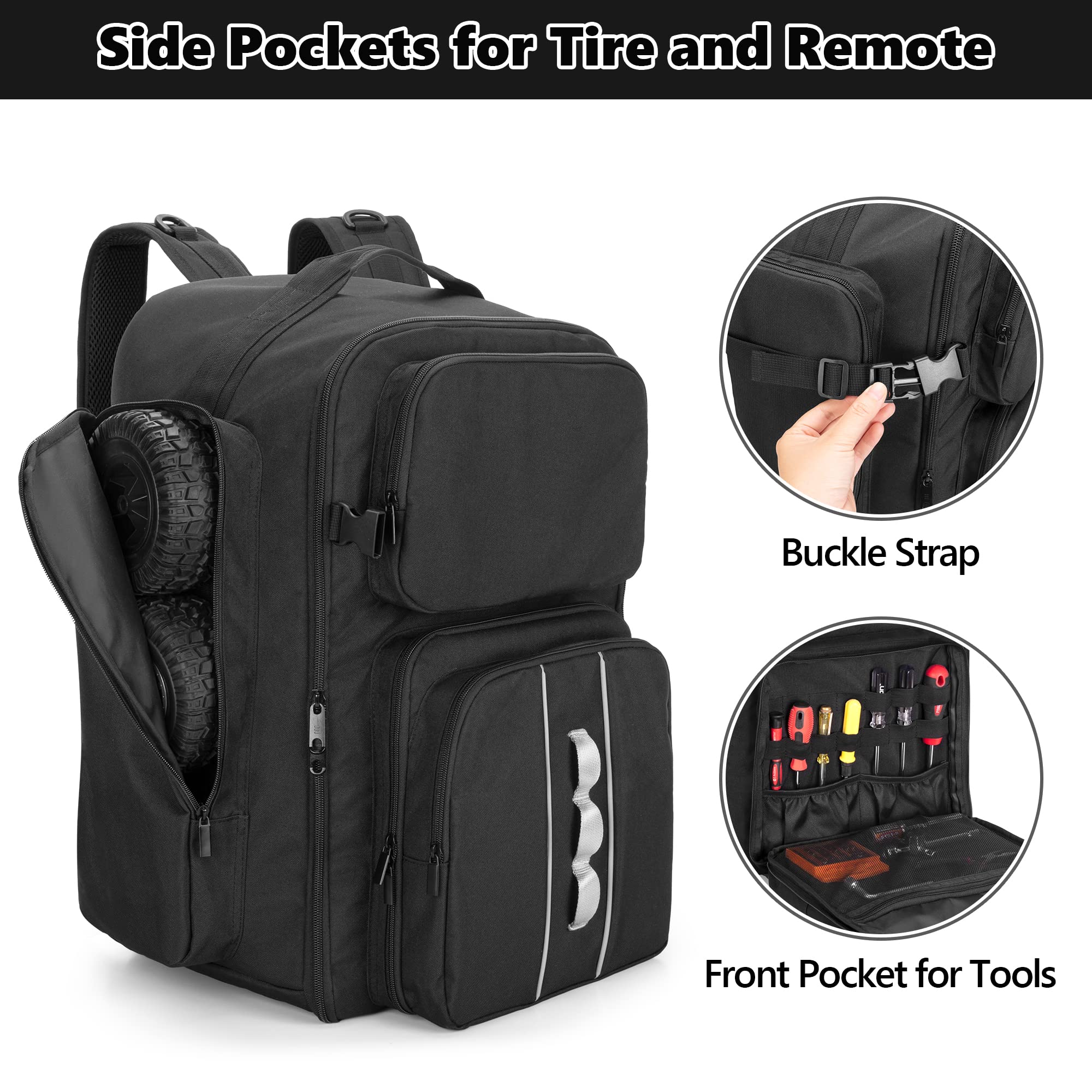 GOBUROS RC Backpack front pockets organize tools and batteries neatly.