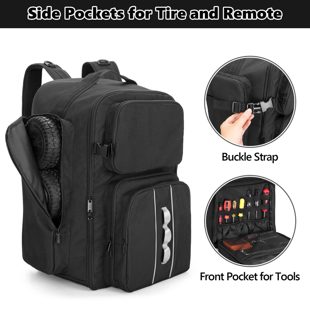 GOBUROS RC Backpack front pockets organize tools and batteries neatly.