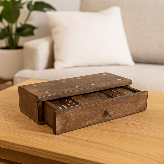 GoCraft decorative wooden storage box showcasing the domino set, ideal for tabletop games.
