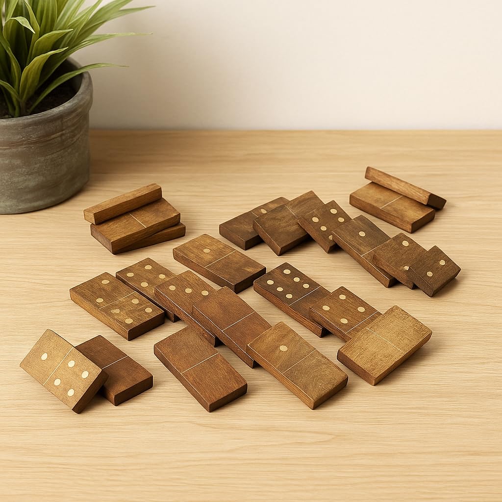 GoCraft handmade dominoes set in natural wood, close-up on tiles for premium craftsmanship.