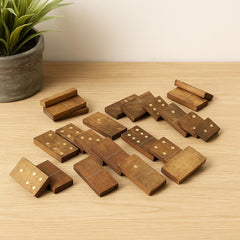 GoCraft handmade dominoes set in natural wood, close-up on tiles for premium craftsmanship.