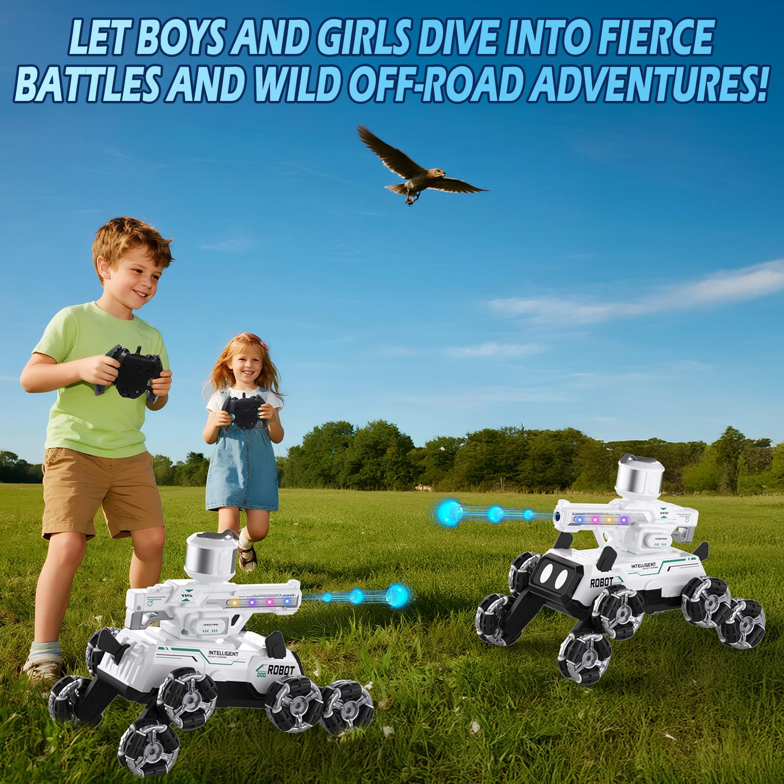 Godboat Robot Dog eight wheel stunt enables dynamic tricks.