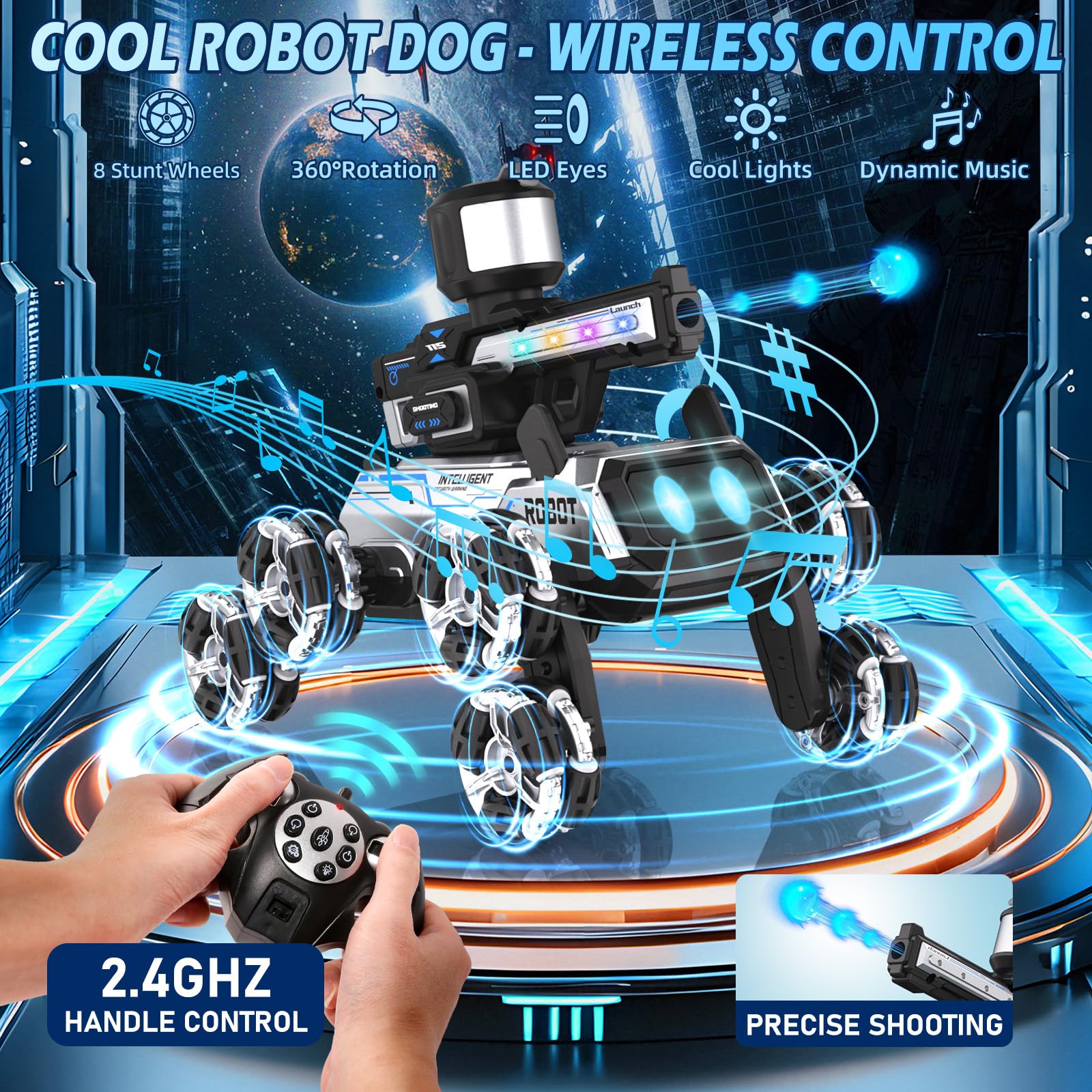 Godboat Robot Dog eight-wheel stunt showcases dramatic spins indoors or outdoors