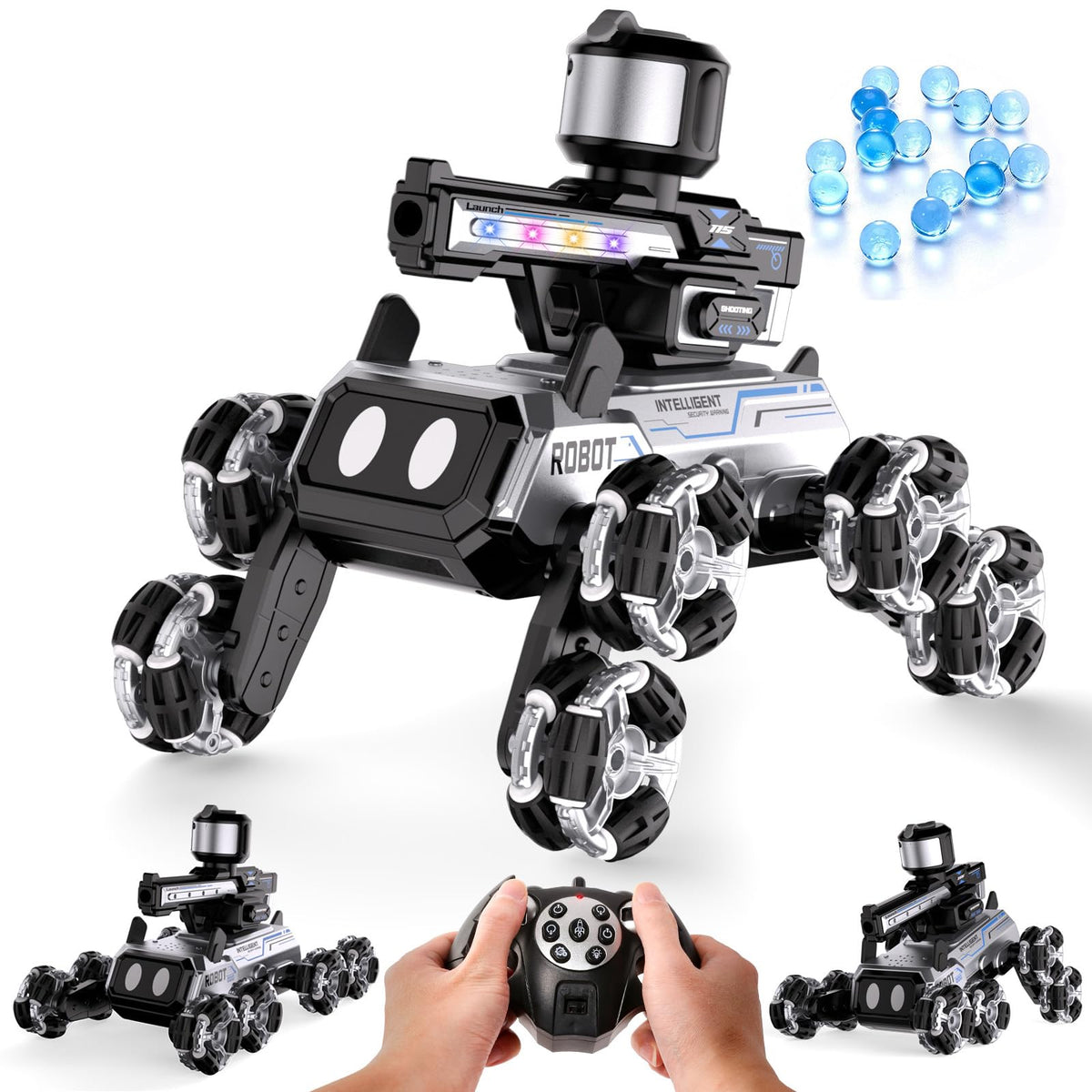 Godboat Robot Dog with LED eyes performing action in low light for immersive play