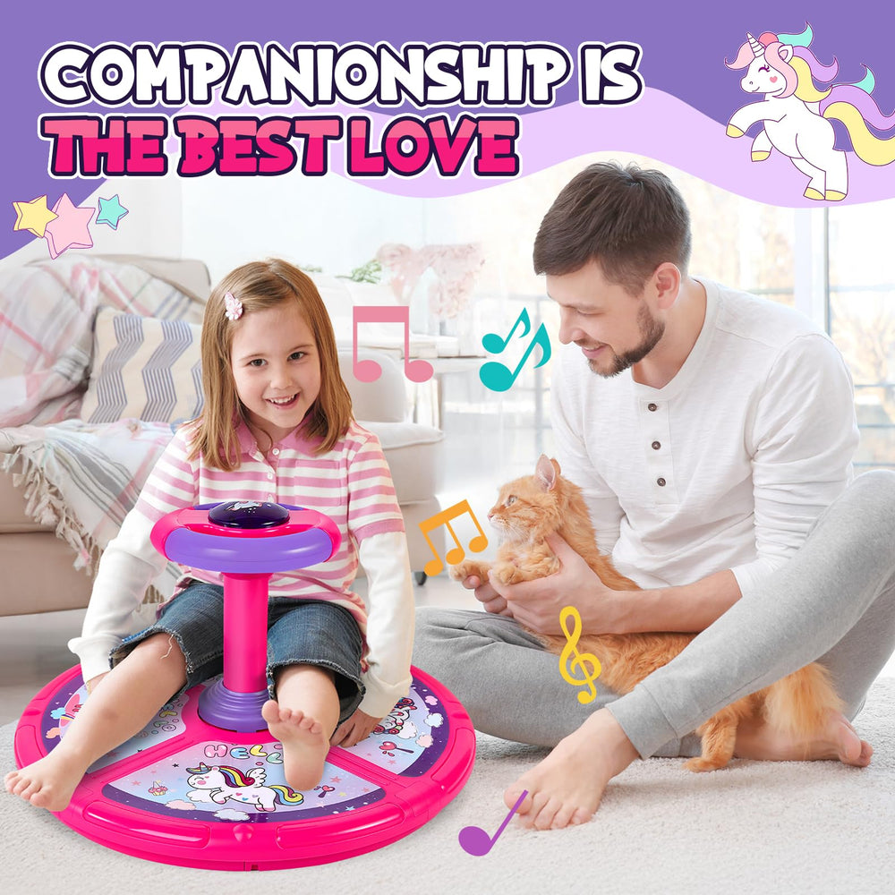 Two kids can sit and play together on the larger seat
