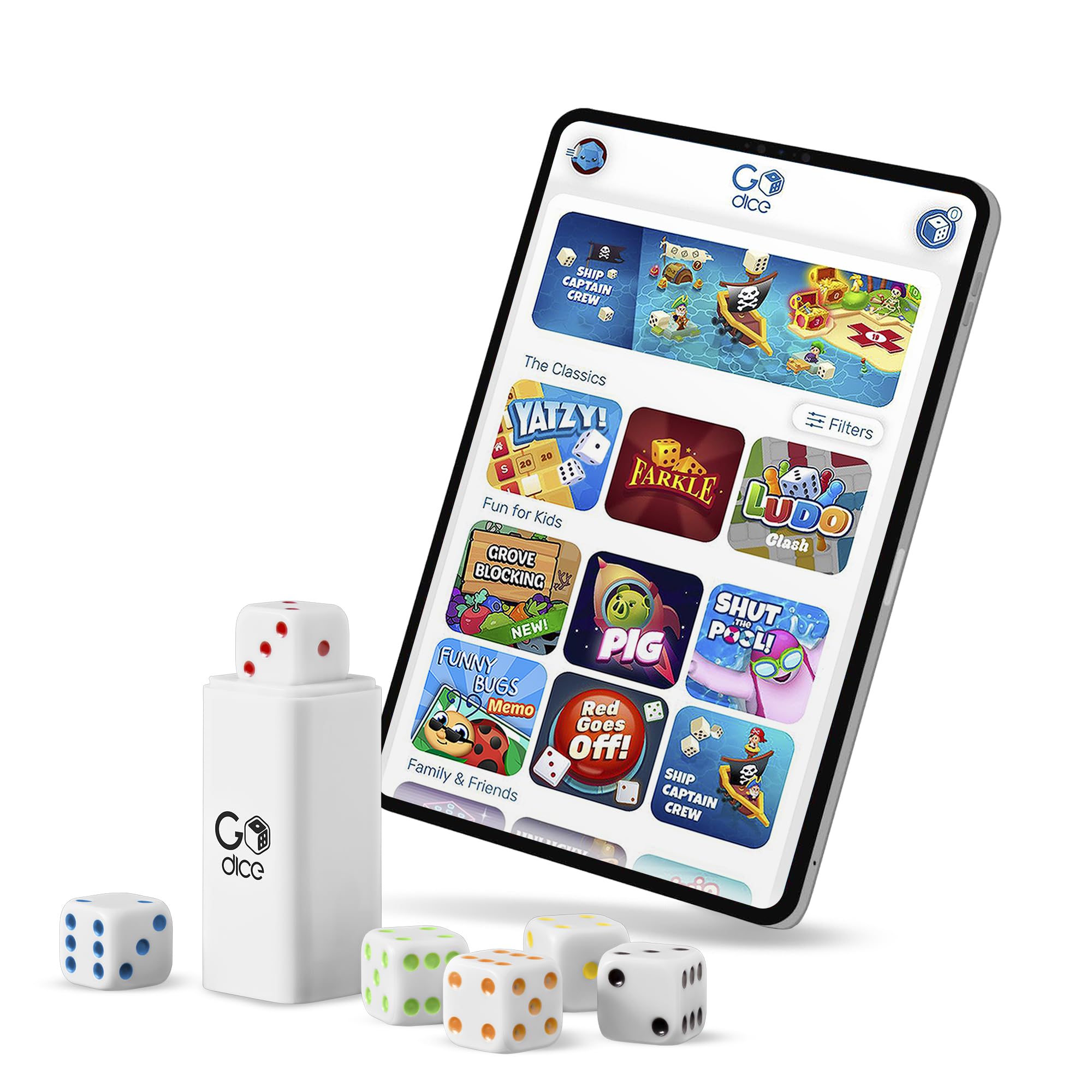 GoDice Full Pack fast charging powers two hours of play quickly.