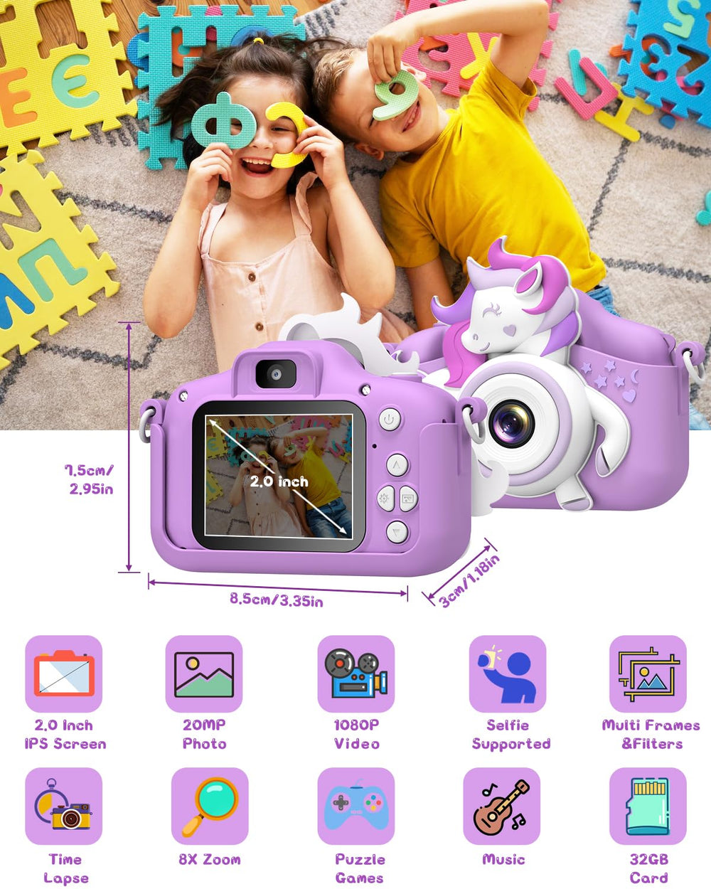 Gofunly Kids Camera 2-inch IPS screen for bright, clear kid-friendly previews.