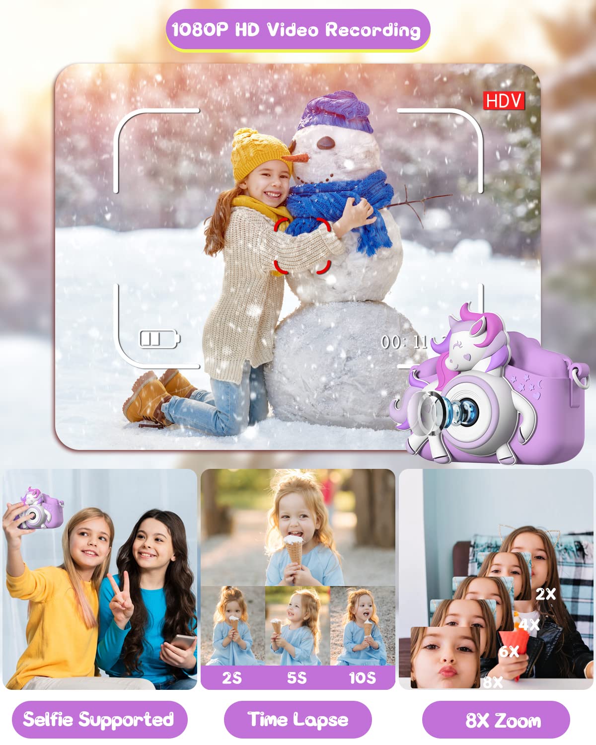 Gofunly Kids Camera 32GB card included enables ample photo storage.