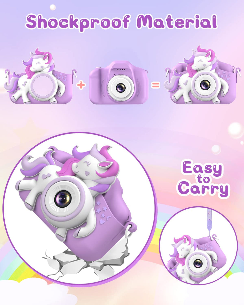 Gofunly Kids Camera anti-drop features with lanyard for portability.