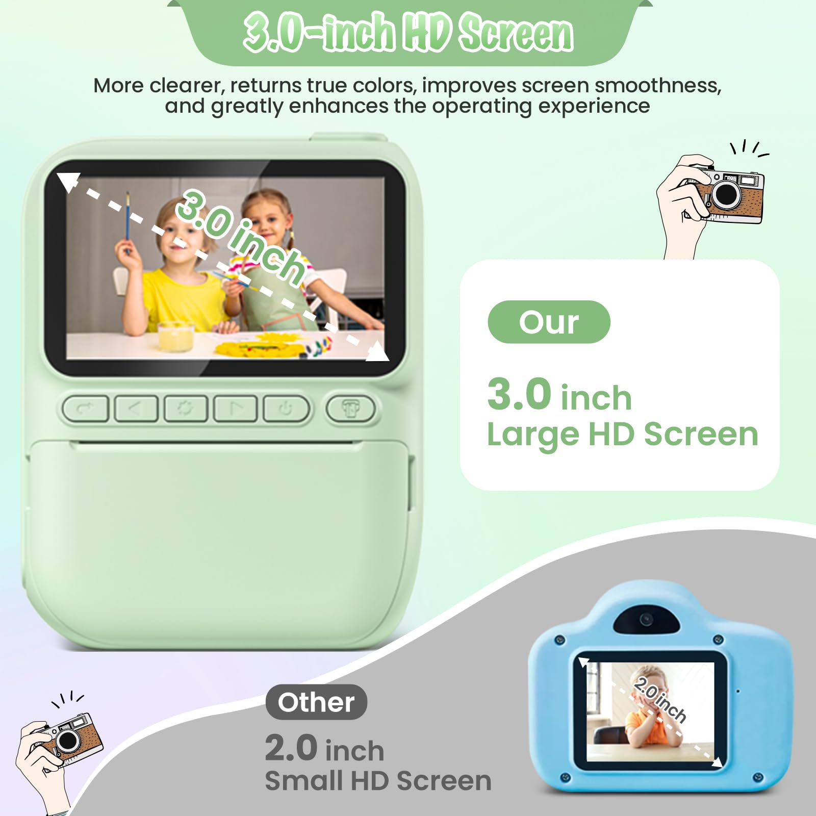 Gofunly Kids Camera Instant Print 3-inch display enables easy framing and review.