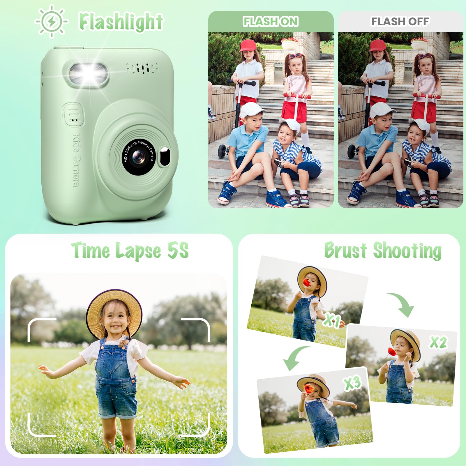 Gofunly Kids Camera Instant Print built-in battery keeps adventures filming longer.