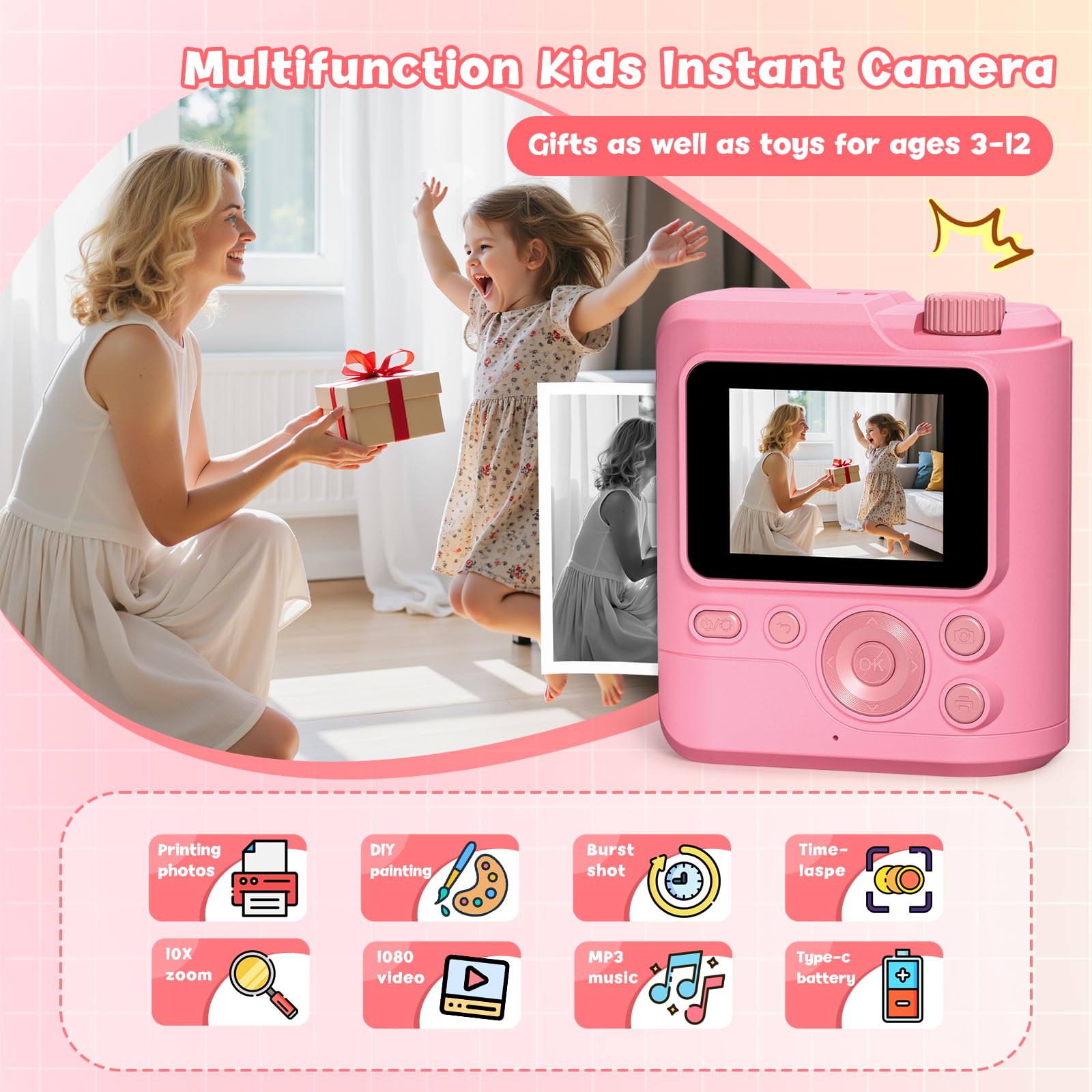 Gofunly Kids Camera instant print icon shows photo printing.
