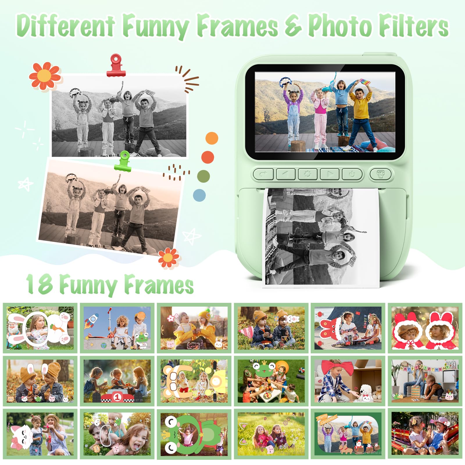 Gofunly Kids Camera Instant Print prints black-and-white photos instantly.