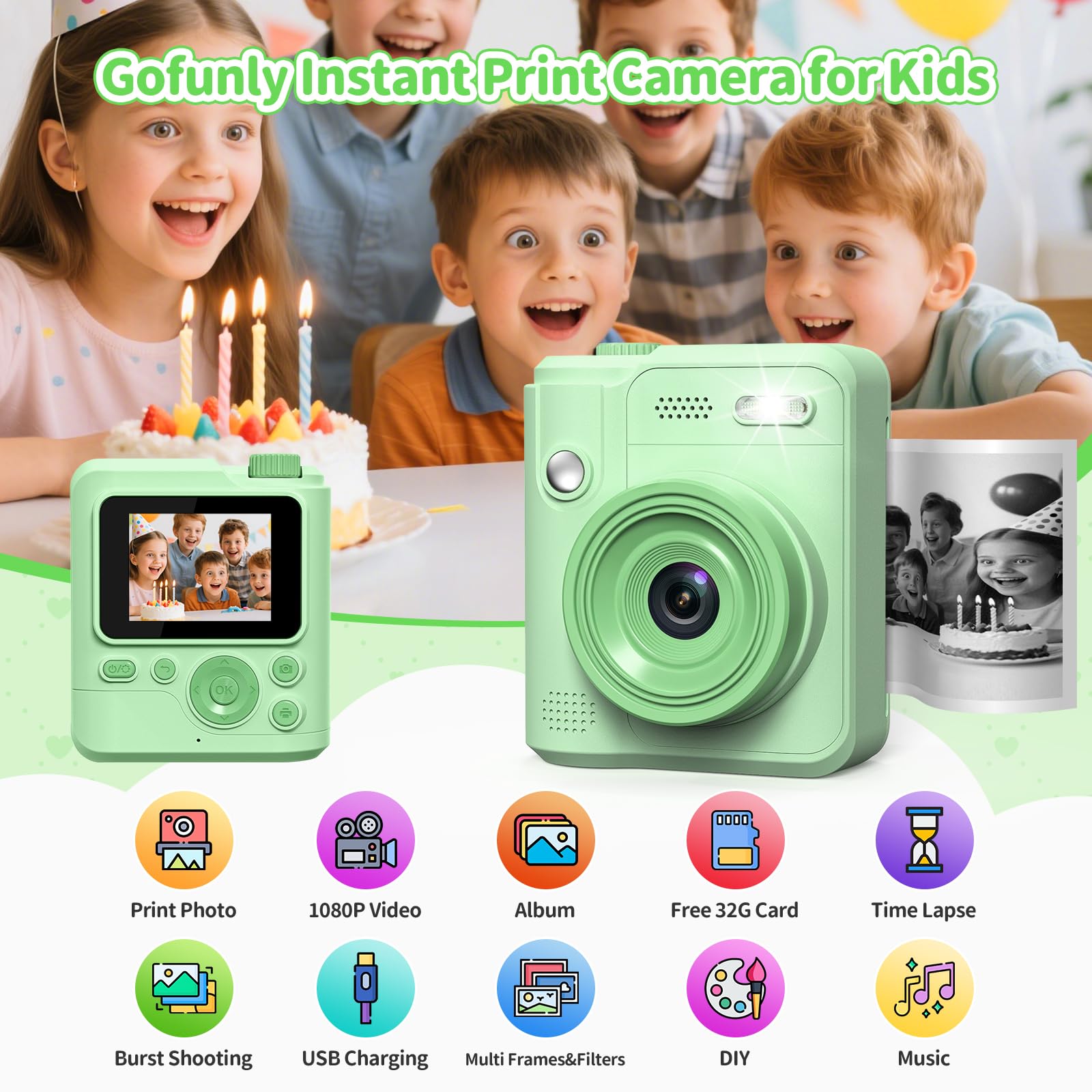 Gofunly Kids Camera printing action shows instant photo output.