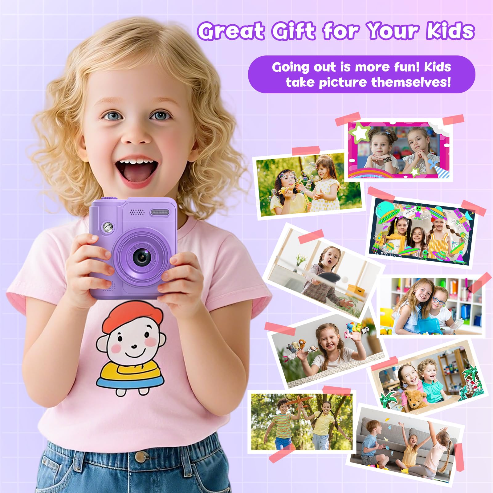 Gofunly Kids Camera side view highlights portable design for on-the-go creativity.