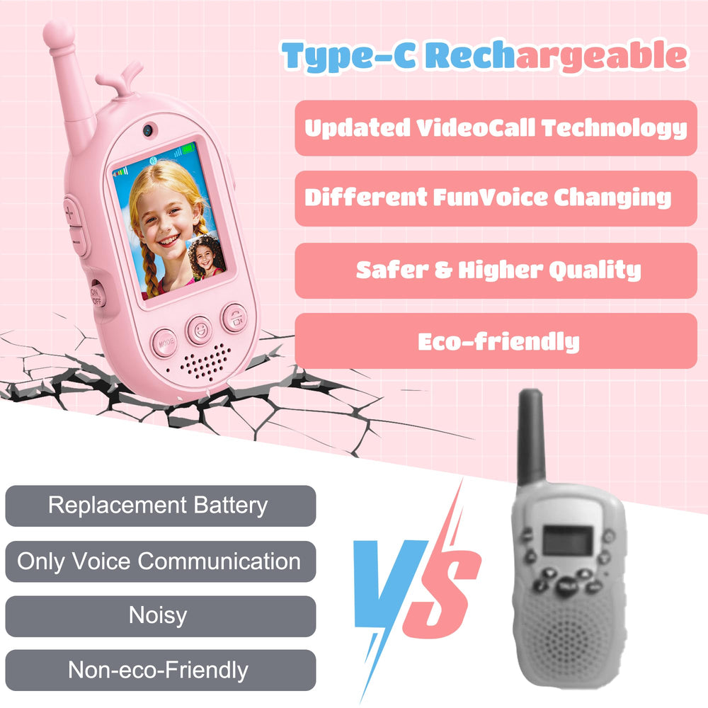 Gofunly video walkie talkies with camera display showing real-time smiles.