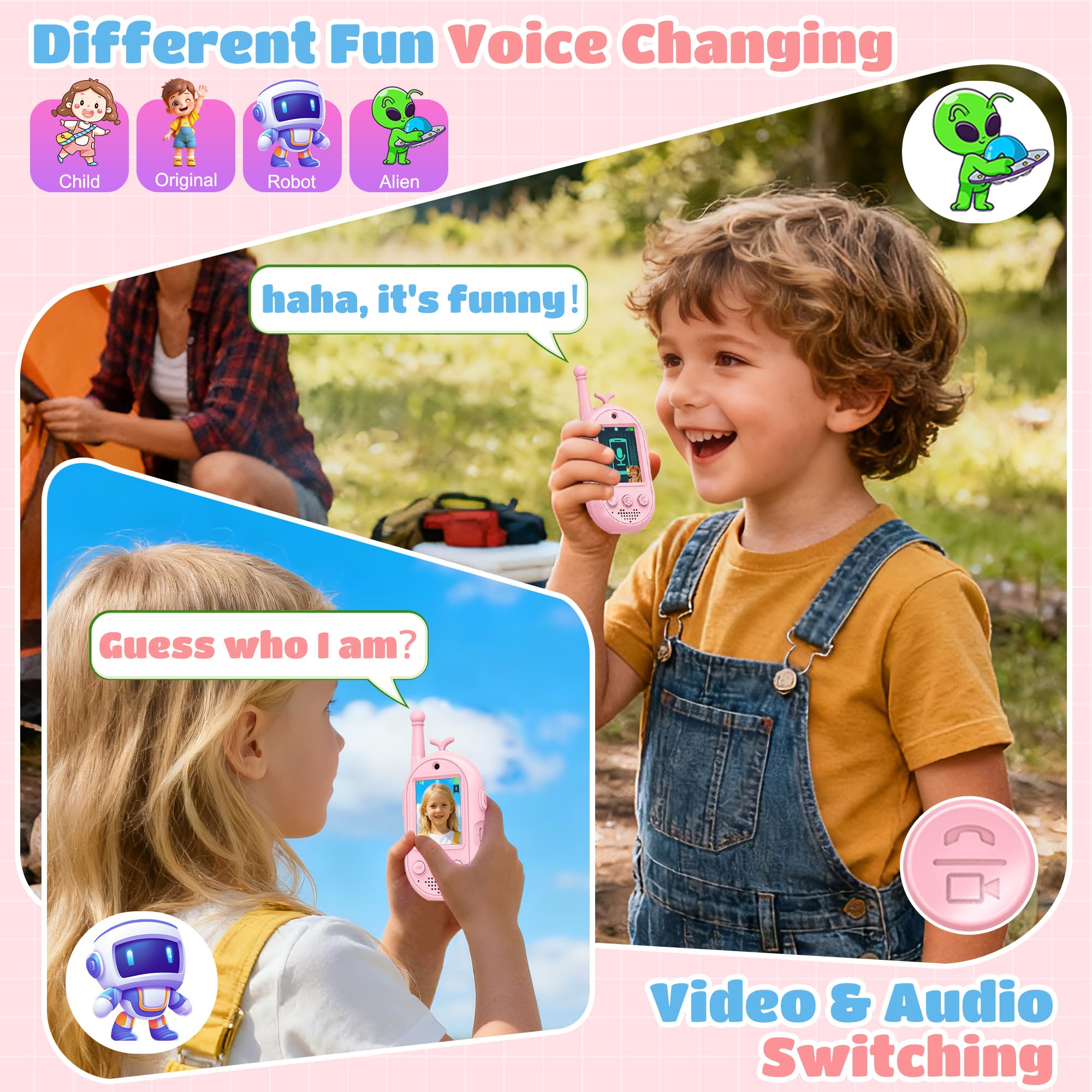 Gofunly video walkie talkies shown in outdoor camping setup for long-range play.
