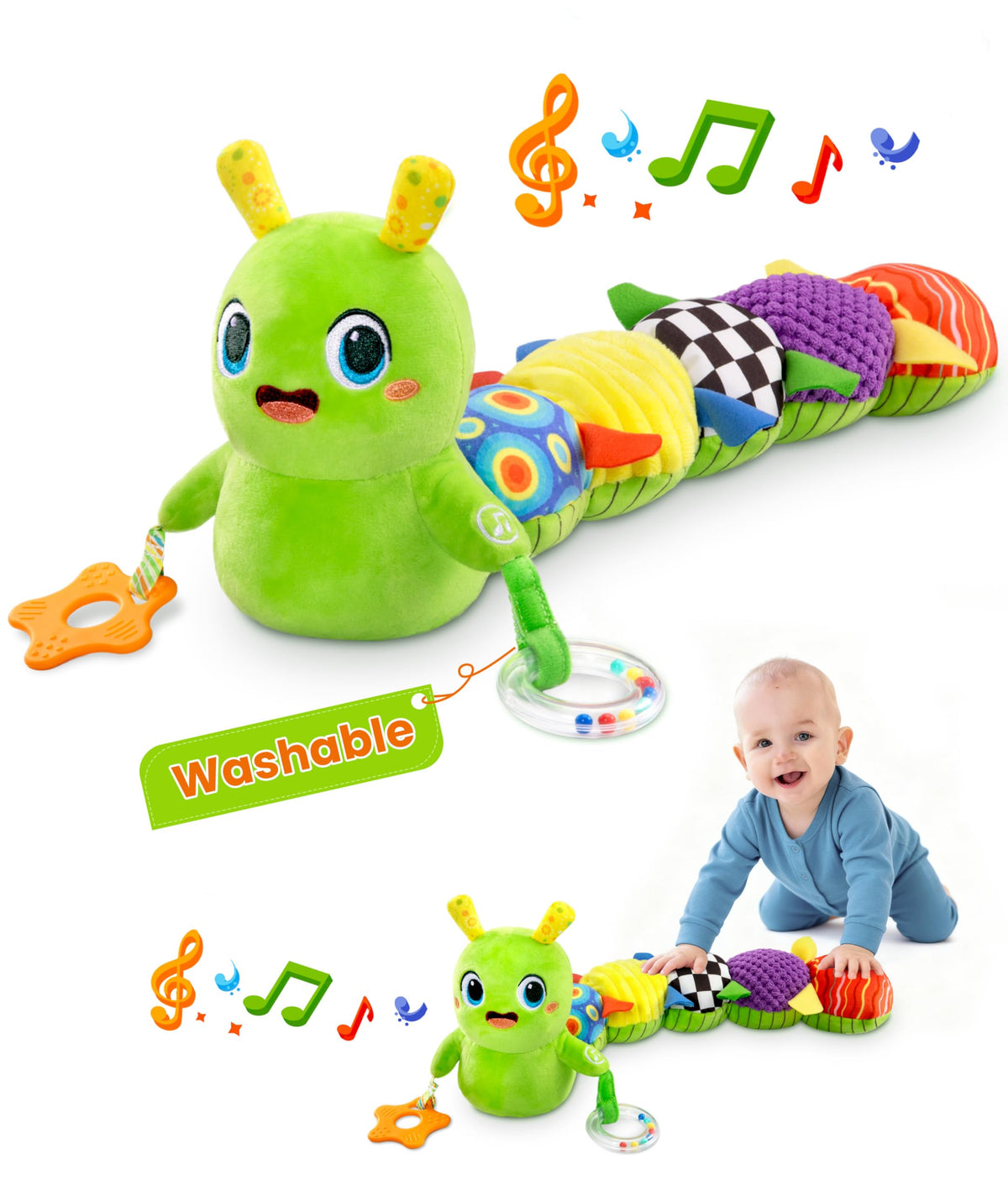 GoGonova caterpillar toy with washable finish for clean, comfy play