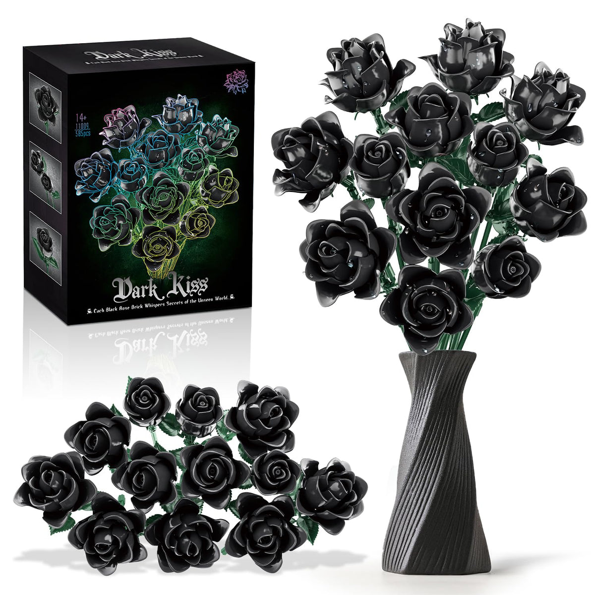Gohero Black Roses Building Set front view for a dramatic gothic centerpiece.