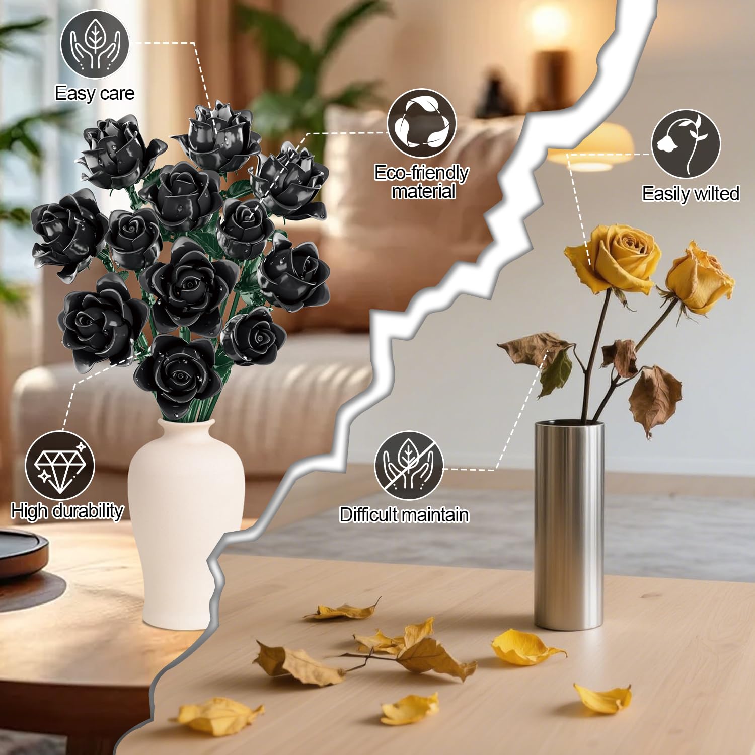 Gohero Black Roses Building Set close-up petal detail highlighting lifelike bloom texture.