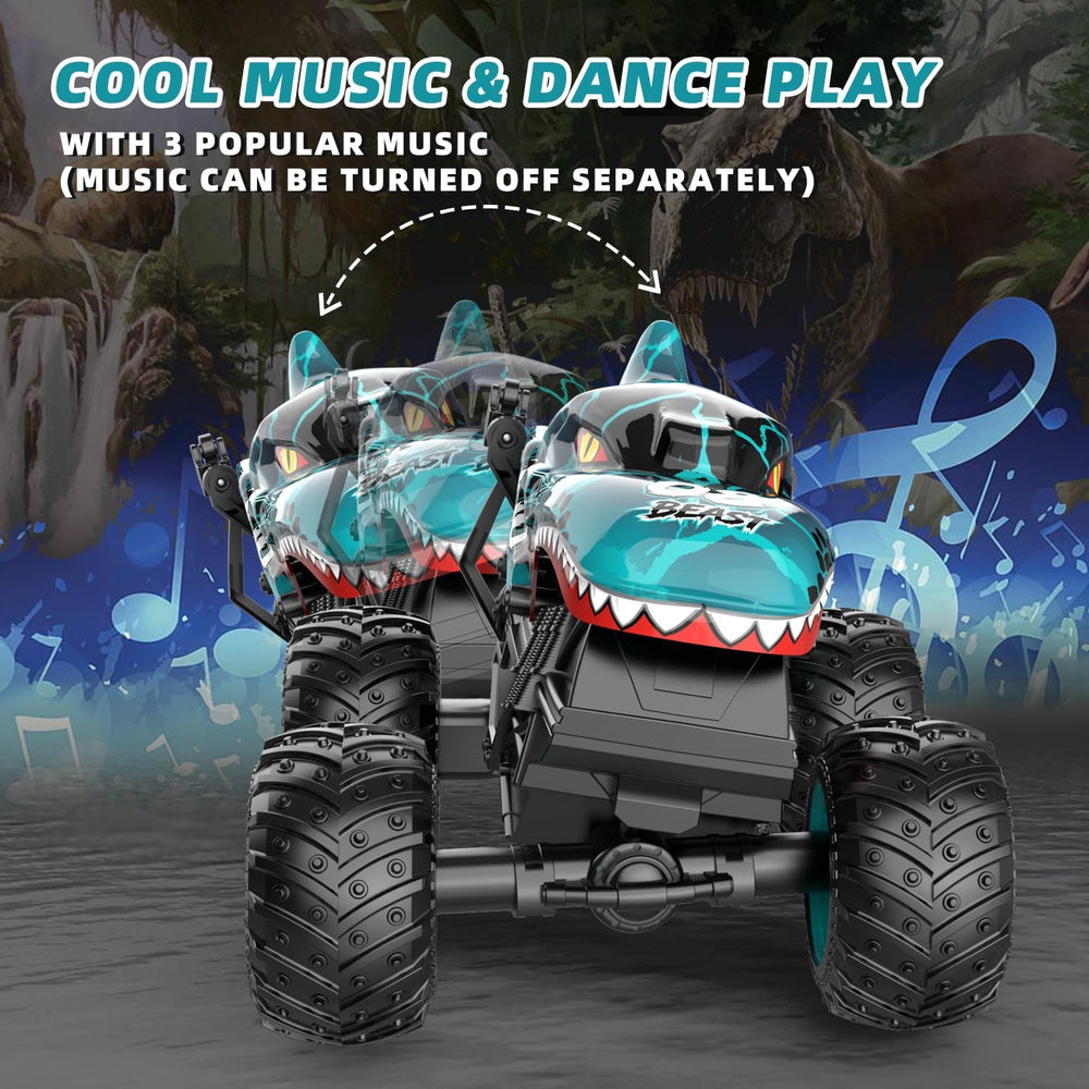 Gohero RC dinosaur truck in dance mode with captivating lights.