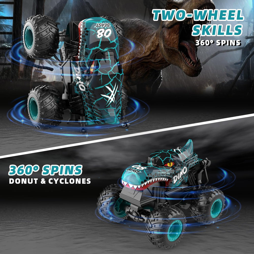 Gohero RC dinosaur truck performs 360° spins for dynamic stunts.